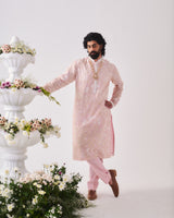 Kurta With Pants / Chanderi / Pale Pink / Tulip Meadow / Dori/Resham/Hand Embroidery