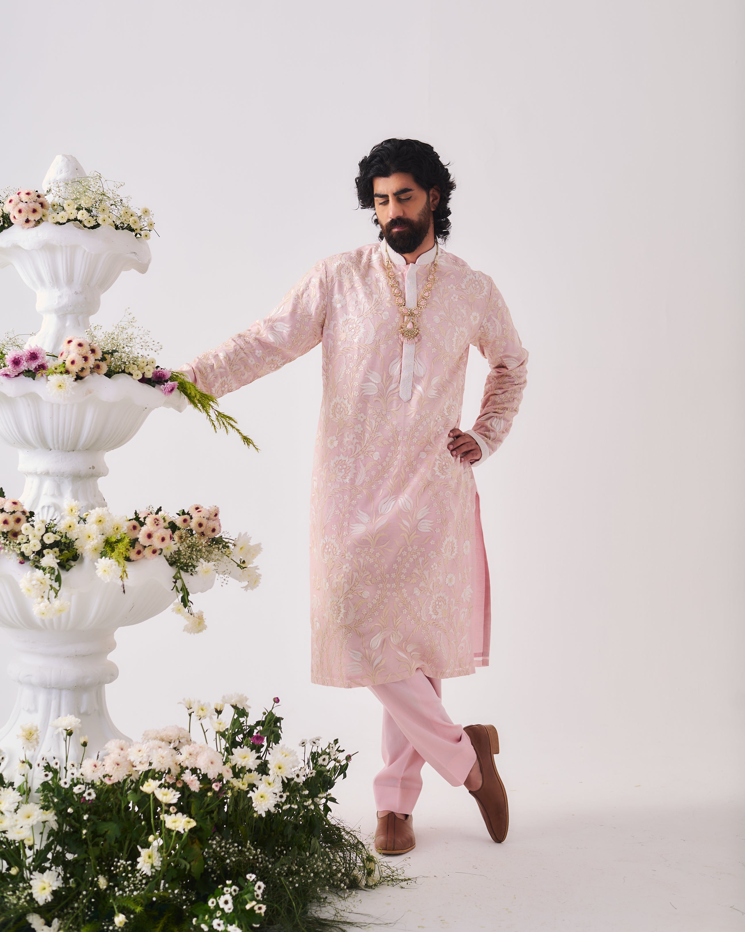 Kurta With Pants / Chanderi / Pale Pink / Tulip Meadow / Dori/Resham/Hand Embroidery