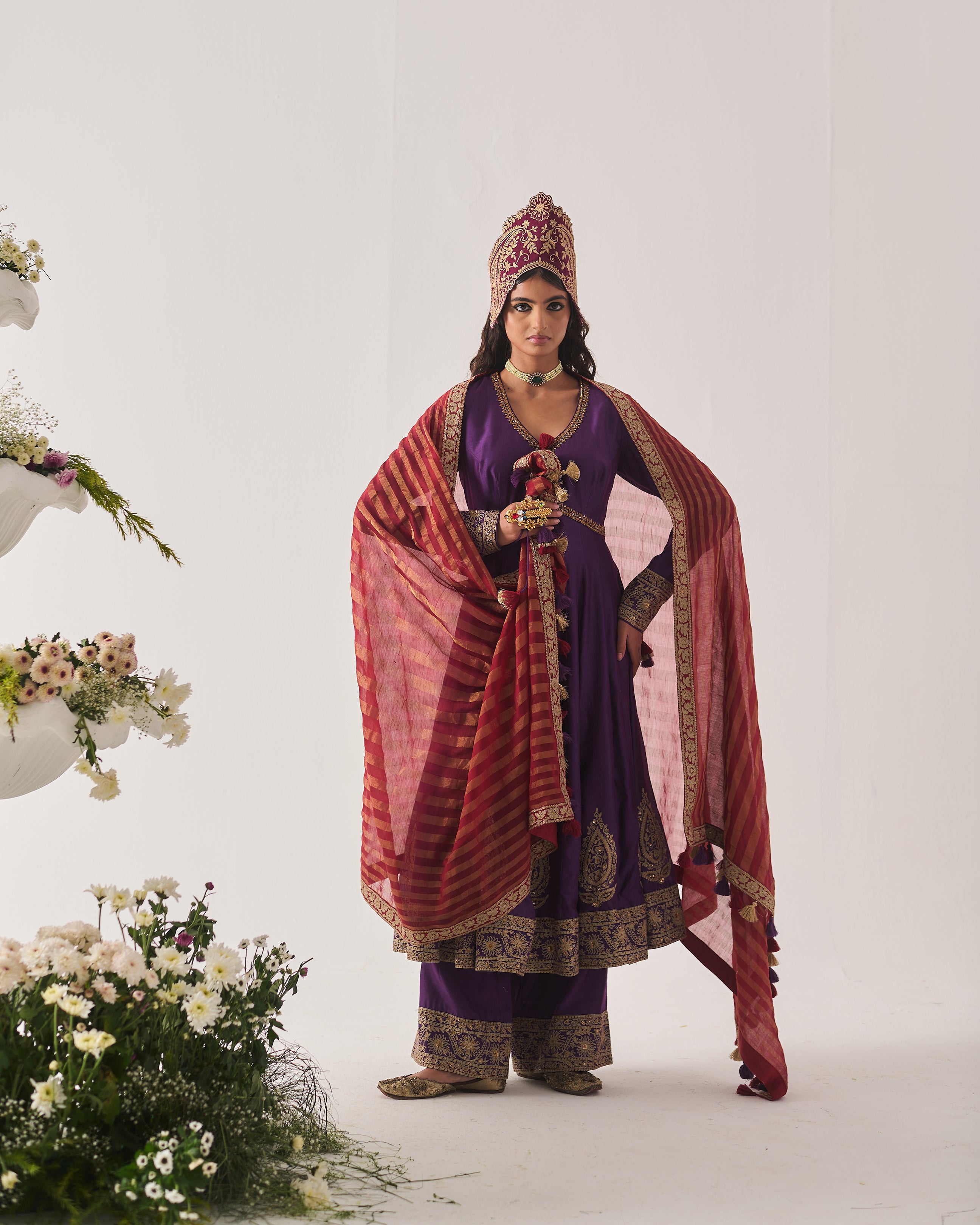 Anarkali with Flare Pants and Dupatta / Chanderi / Purple / Regal Bloom / Aari/Hand Embroidery