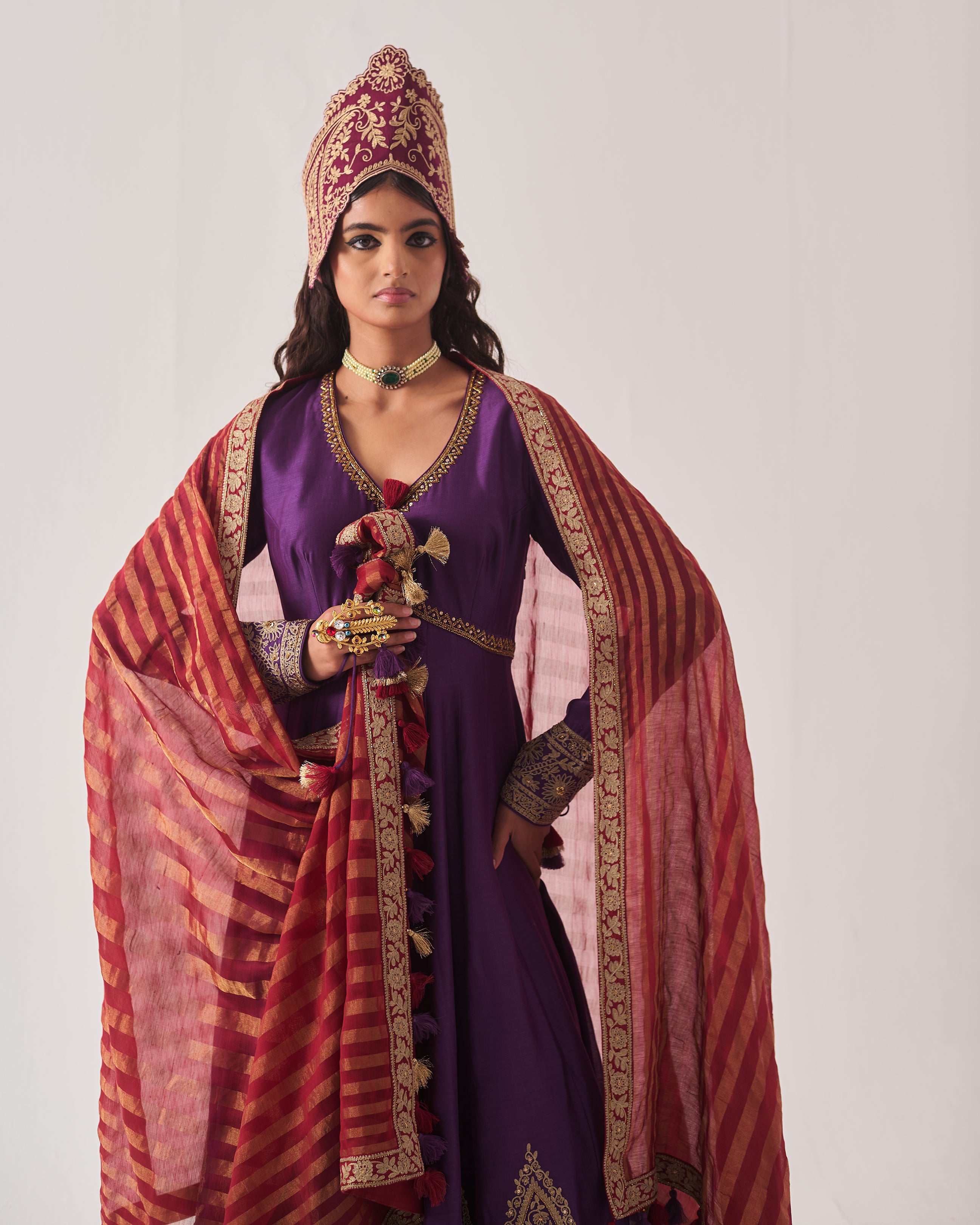 Anarkali with Flare Pants and Dupatta / Chanderi / Purple / Regal Bloom / Aari/Hand Embroidery