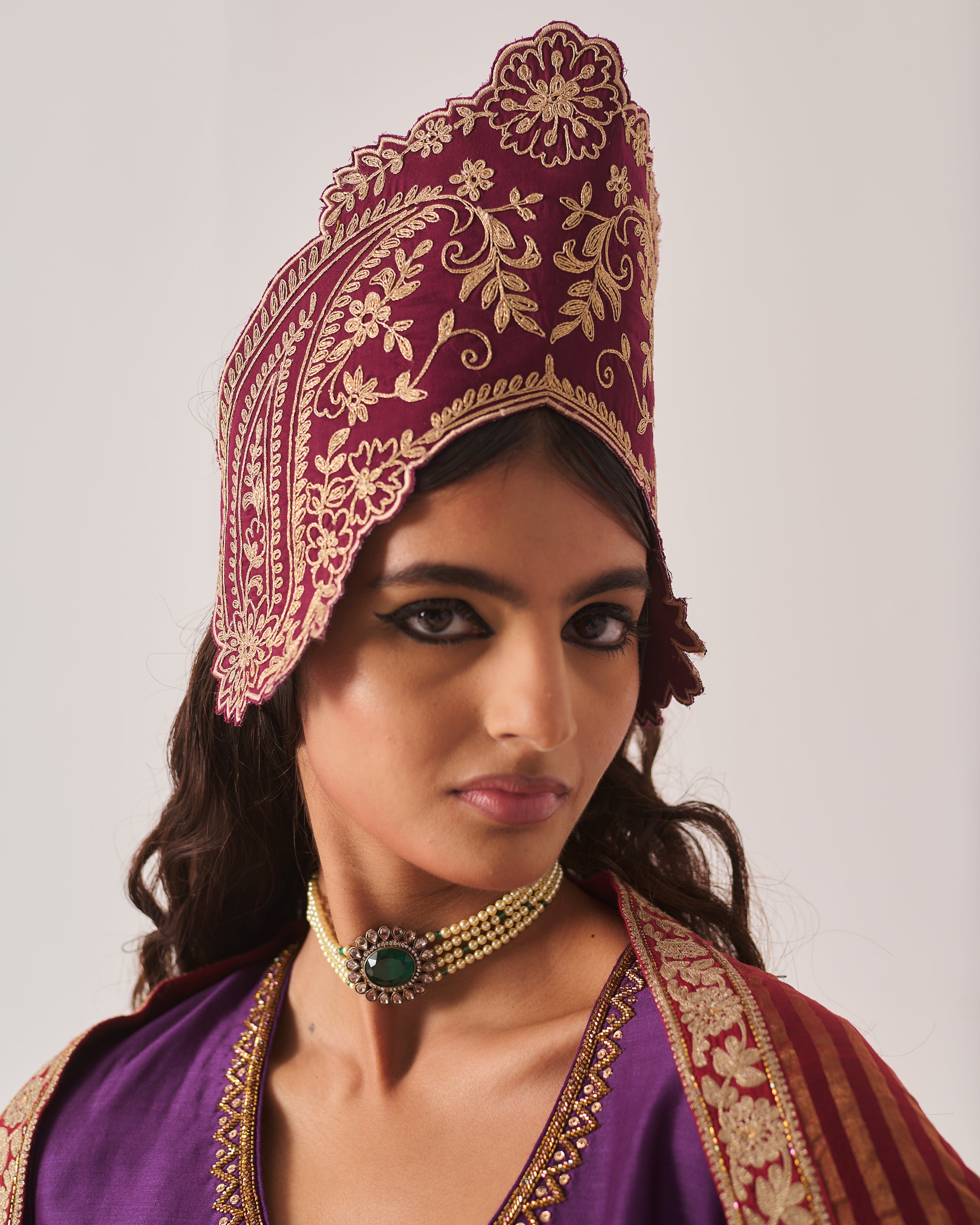 Anarkali with Flare Pants and Dupatta / Chanderi / Purple / Regal Bloom / Aari/Hand Embroidery