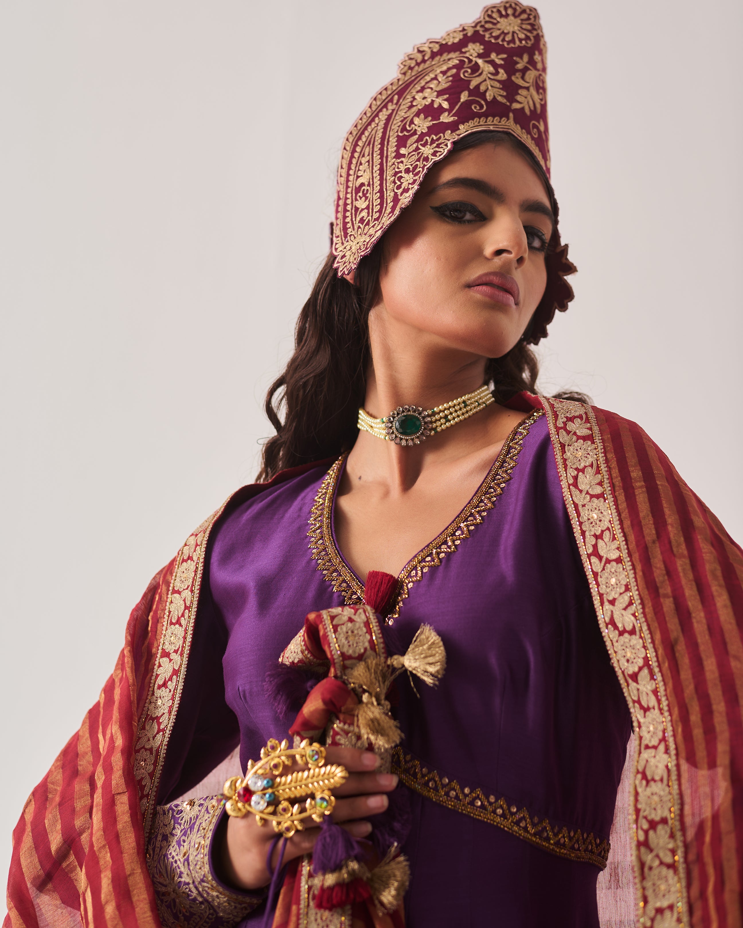 Anarkali with Flare Pants and Dupatta / Chanderi / Purple / Regal Bloom / Aari/Hand Embroidery