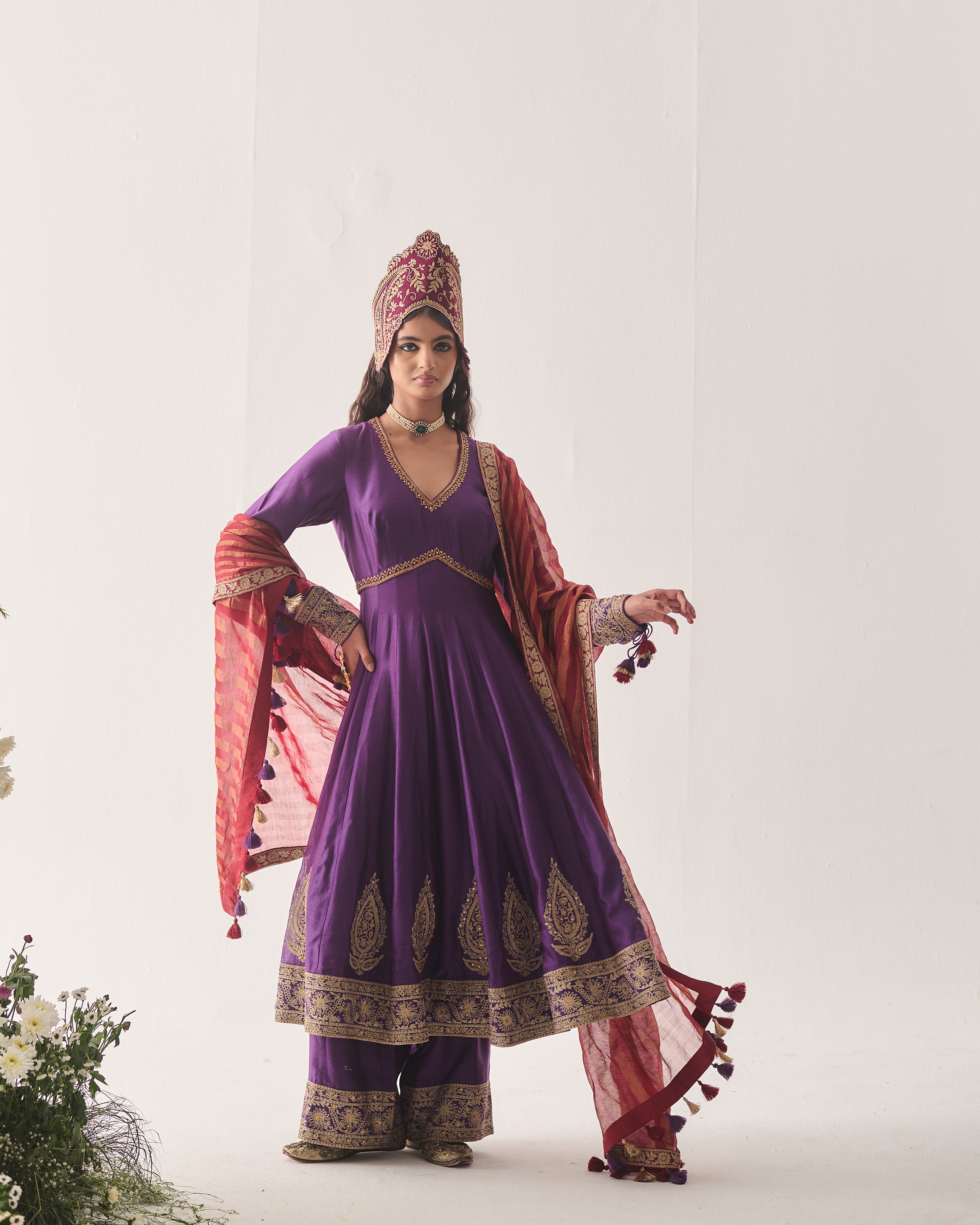 Anarkali with Flare Pants and Dupatta / Chanderi / Purple / Regal Bloom / Aari/Hand Embroidery