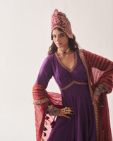 Anarkali with Flare Pants and Dupatta / Chanderi / Purple / Regal Bloom / Aari/Hand Embroidery