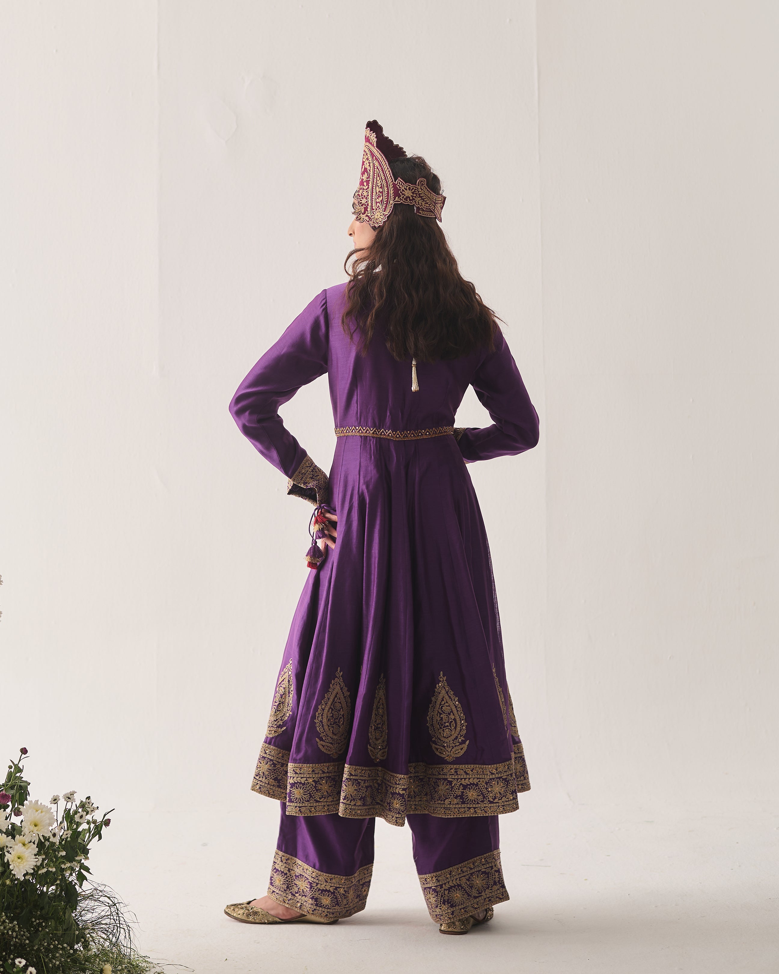 Anarkali with Flare Pants and Dupatta / Chanderi / Purple / Regal Bloom / Aari/Hand Embroidery