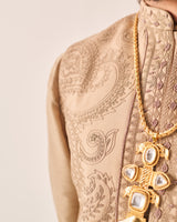 Kurta With Pants and Bundi / Chanderi / Dark Beige / Paisley Bageecha / Dori/Hand Embroidery
