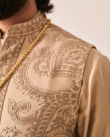 Kurta With Pants and Bundi / Chanderi / Dark Beige / Paisley Bageecha / Dori/Hand Embroidery