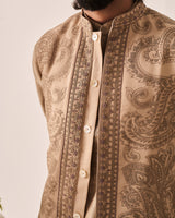 Kurta With Pants and Bundi / Chanderi / Dark Beige / Paisley Bageecha / Dori/Hand Embroidery