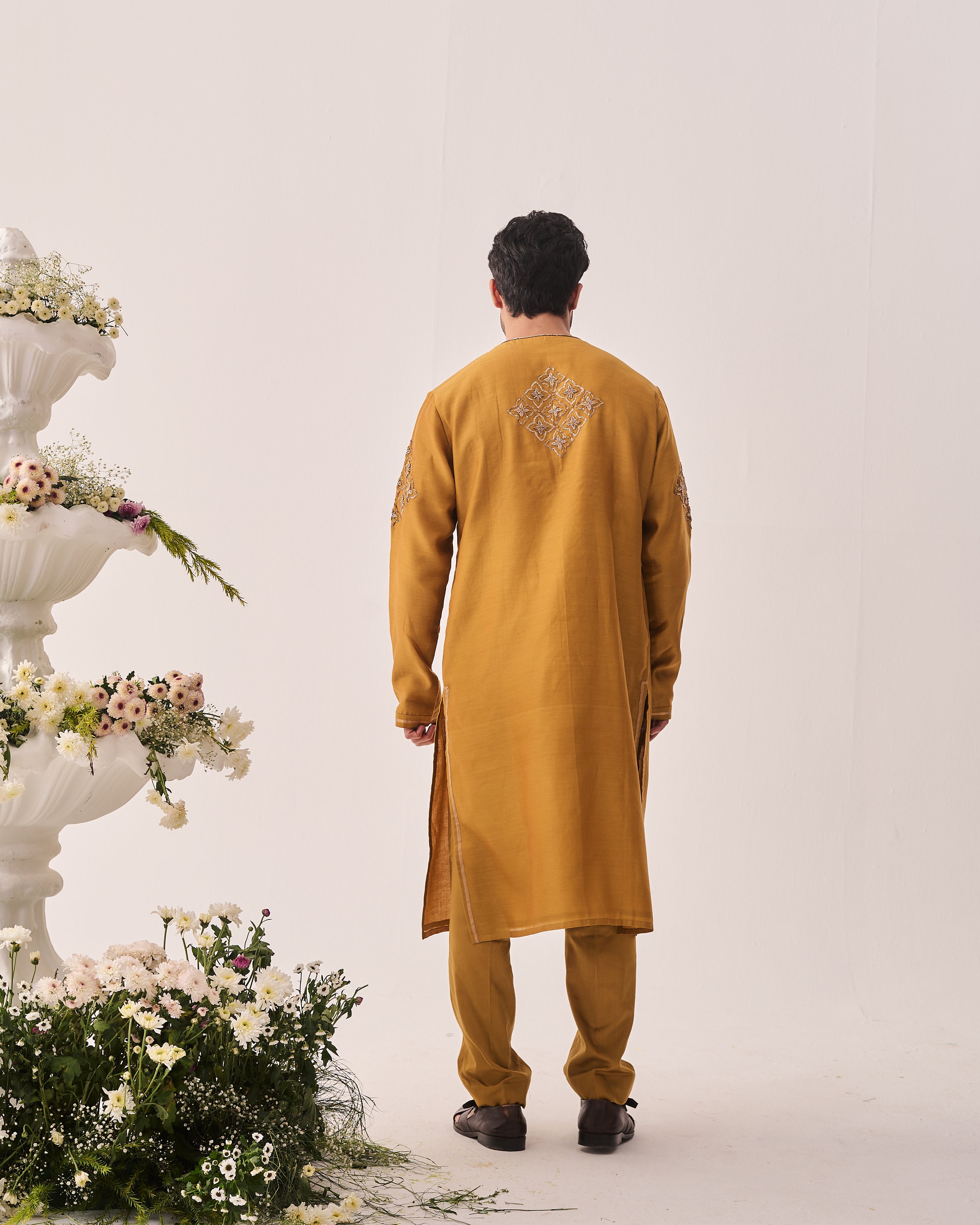 Kurta With Pants / Chanderi / Dark Mustard / Gilded Petal / Hand Embroidery