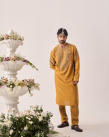 Kurta With Pants / Chanderi / Dark Mustard / Gilded Petal / Hand Embroidery