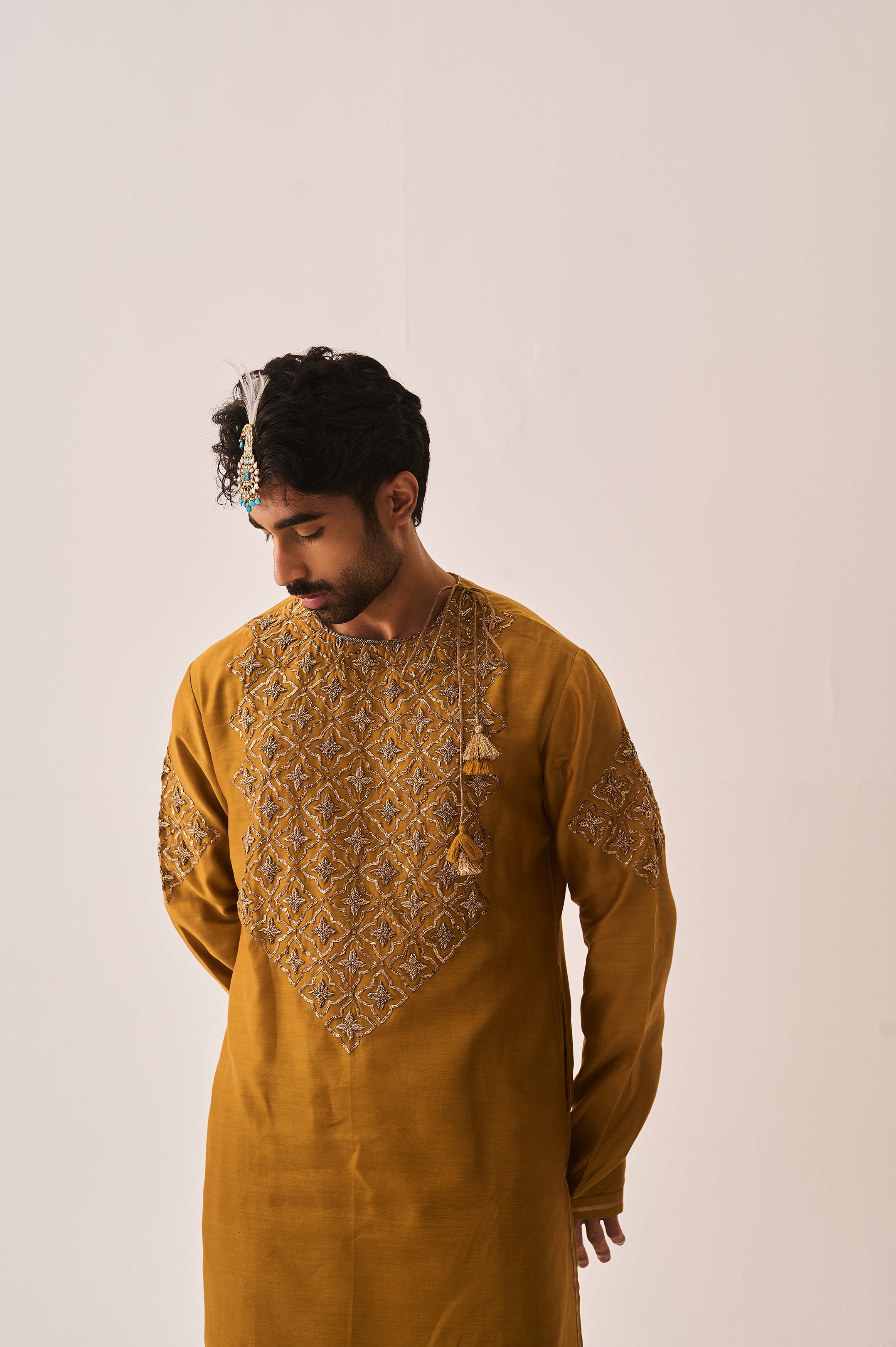 Kurta With Pants / Chanderi / Dark Mustard / Gilded Petal / Hand Embroidery