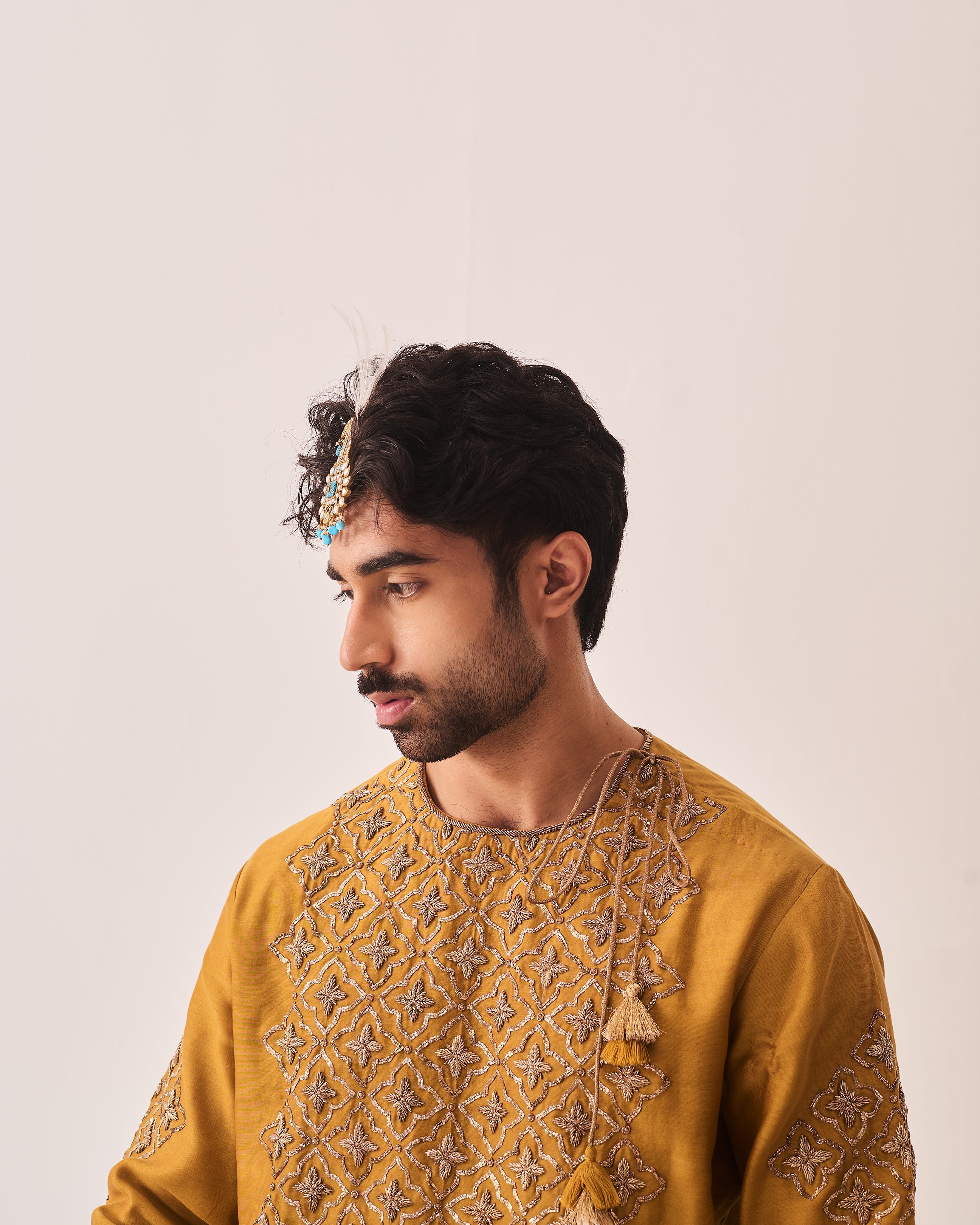 Kurta With Pants / Chanderi / Dark Mustard / Gilded Petal / Hand Embroidery