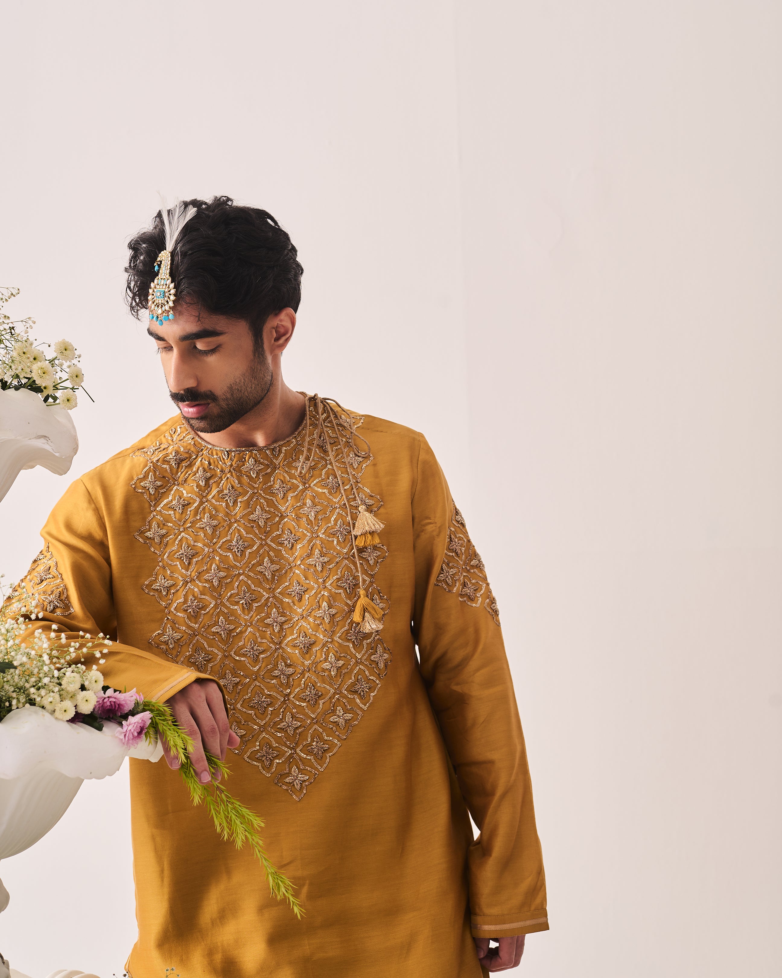 Kurta With Pants / Chanderi / Dark Mustard / Gilded Petal / Hand Embroidery