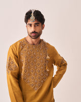 Kurta With Pants / Chanderi / Dark Mustard / Gilded Petal / Hand Embroidery