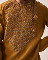 Kurta With Pants / Chanderi / Dark Mustard / Gilded Petal / Hand Embroidery