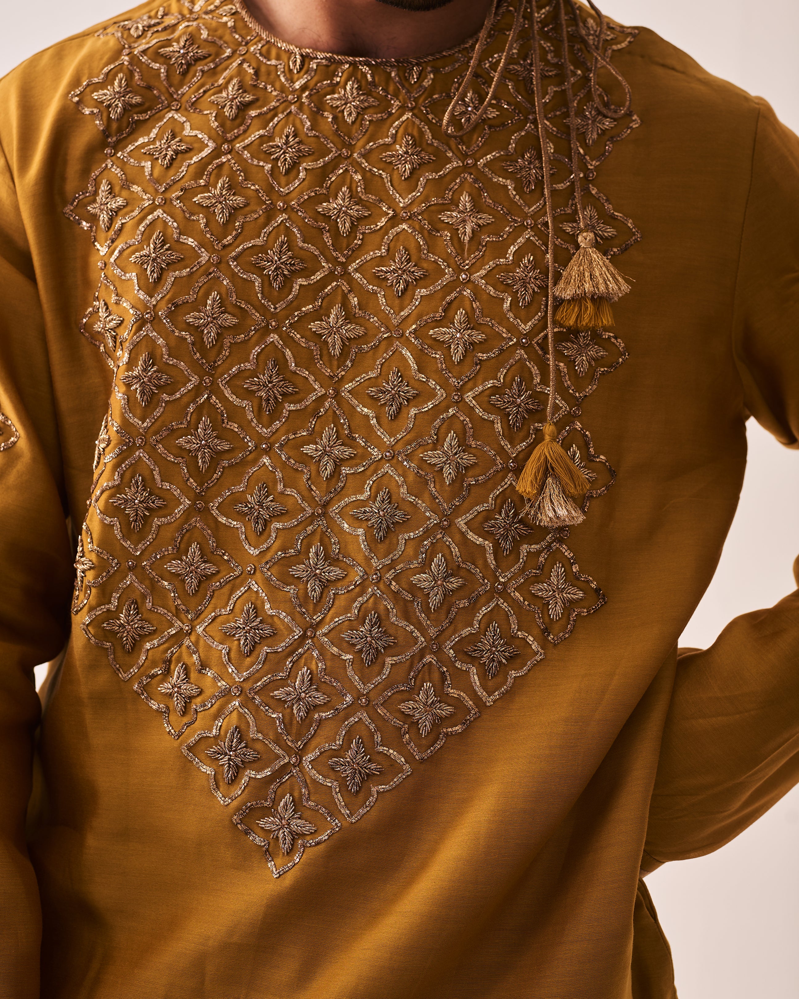 Kurta With Pants / Chanderi / Dark Mustard / Gilded Petal / Hand Embroidery