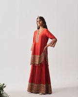 Short Kurta with Sharara and Dupatta / Chanderi / Rust / Paan Booti / Aari/Hand Embroidery