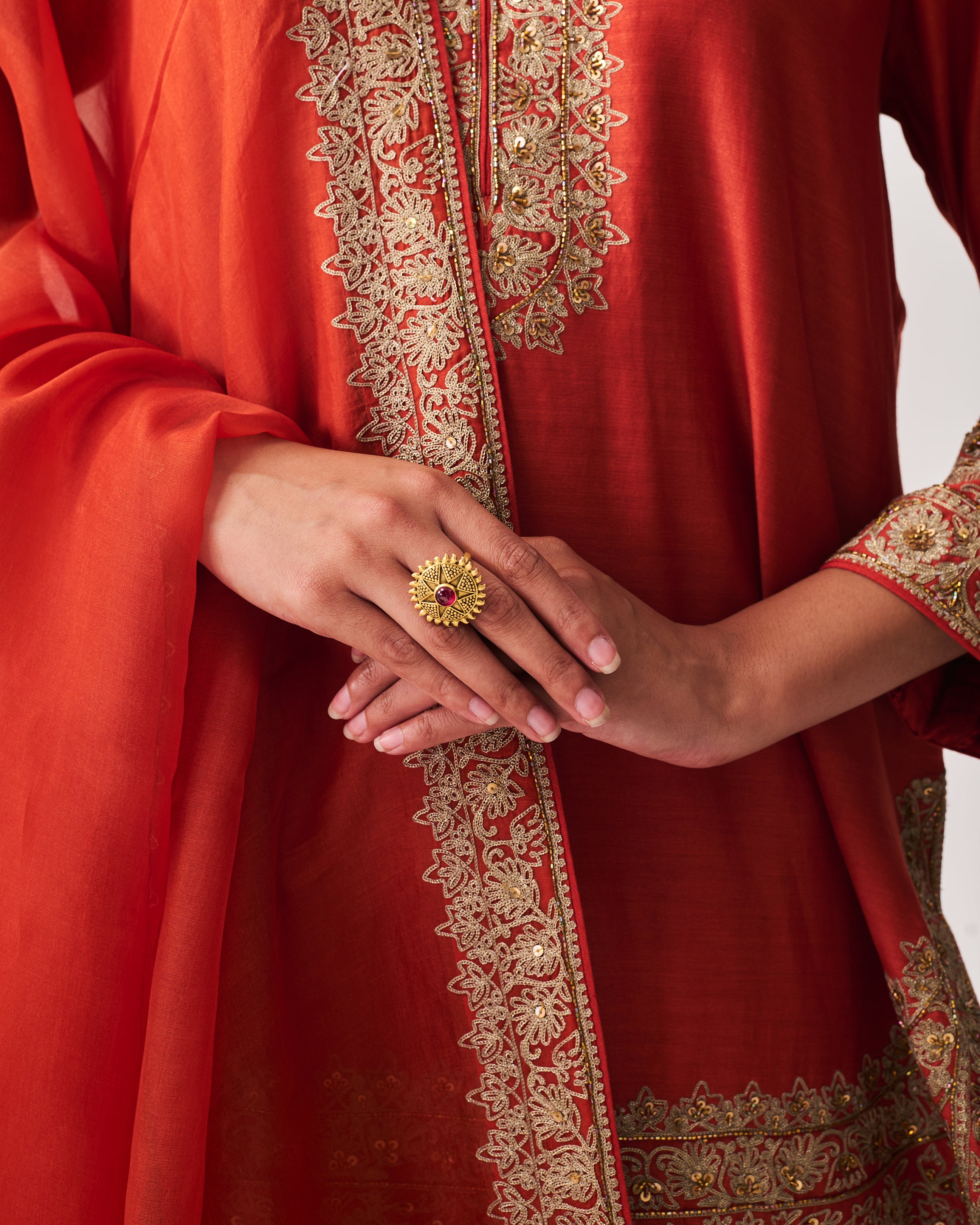 Short Kurta with Sharara and Dupatta / Chanderi / Rust / Paan Booti / Aari/Hand Embroidery