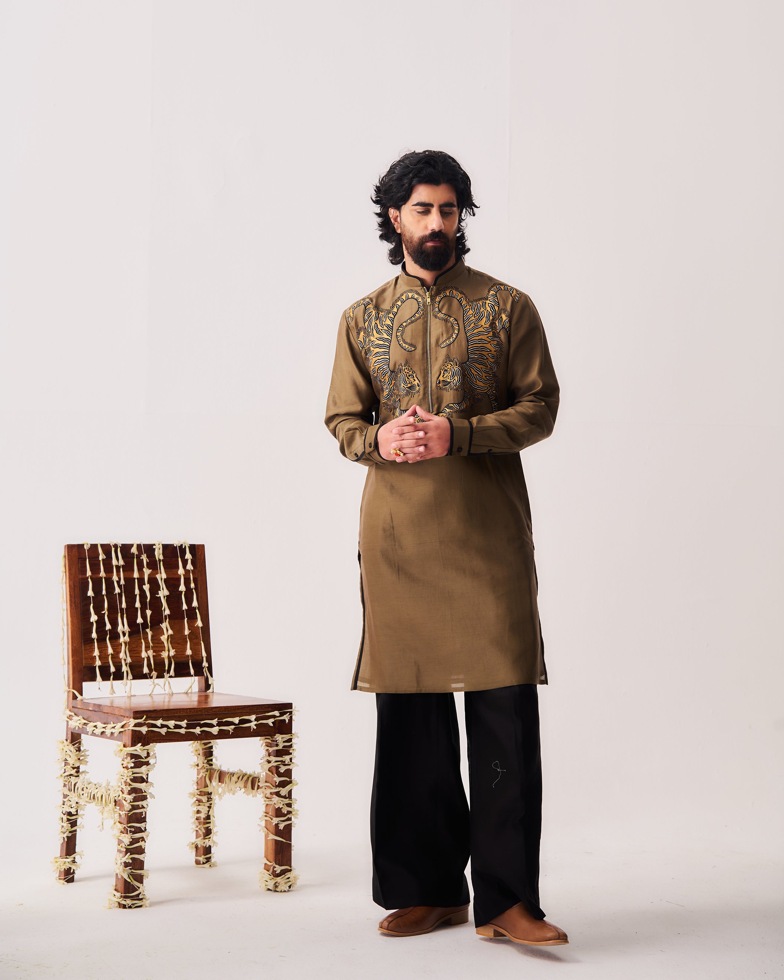 Kurta With Flare Pants / Chanderi / Olive Brown / Twin Guardians / Resham Embroidery
