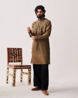 Kurta With Flare Pants / Chanderi / Olive Brown / Twin Guardians / Resham Embroidery