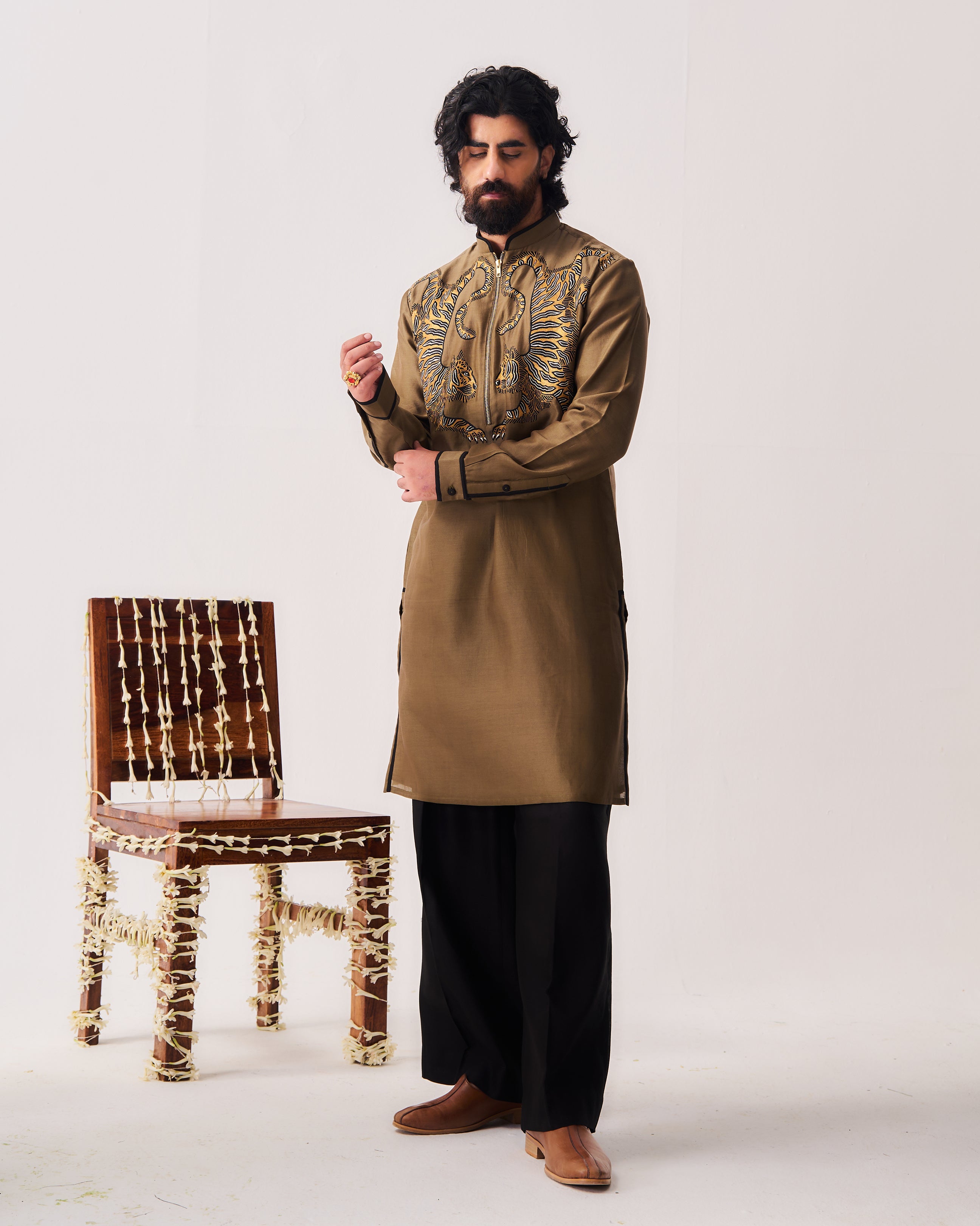Kurta With Flare Pants / Chanderi / Olive Brown / Twin Guardians / Resham Embroidery