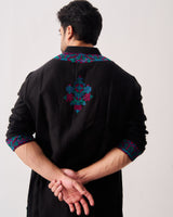 Kurta With Pants / Chanderi / Black / Twilight Flora / Resham Embroidery