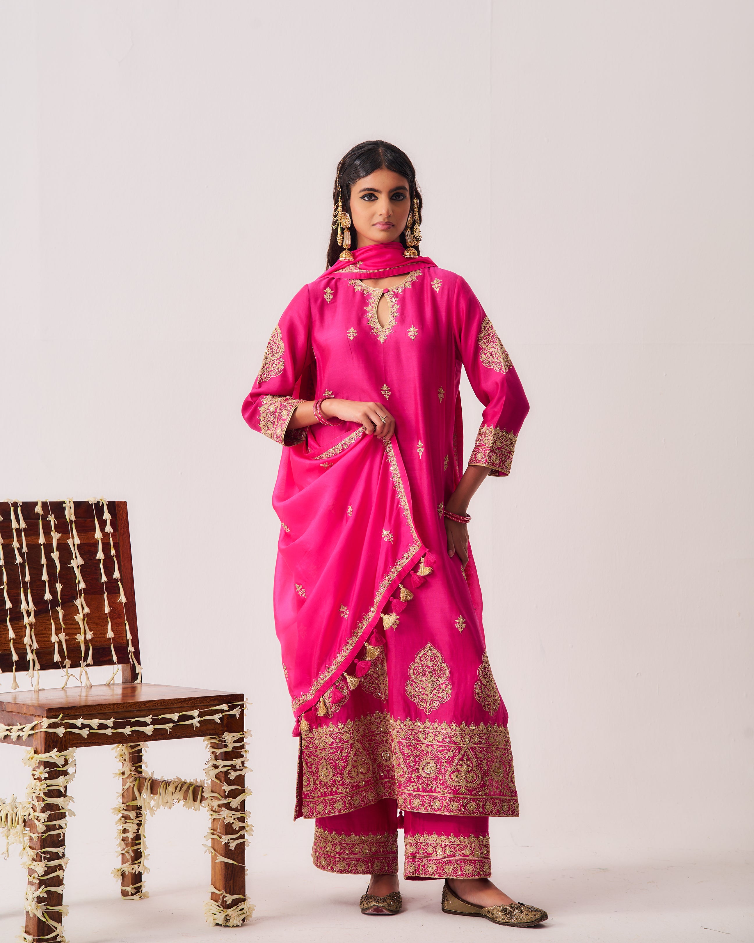 Kurta with Flare Pants and Dupatta / Chanderi / Fuchsia / Phool Booti / Dori/Hand Embroidery