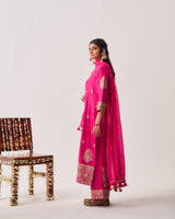 Kurta with Flare Pants and Dupatta / Chanderi / Fuchsia / Phool Booti / Dori/Hand Embroidery