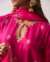 Kurta with Flare Pants and Dupatta / Chanderi / Fuchsia / Phool Booti / Dori/Hand Embroidery