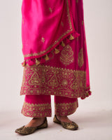 Kurta with Flare Pants and Dupatta / Chanderi / Fuchsia / Phool Booti / Dori/Hand Embroidery