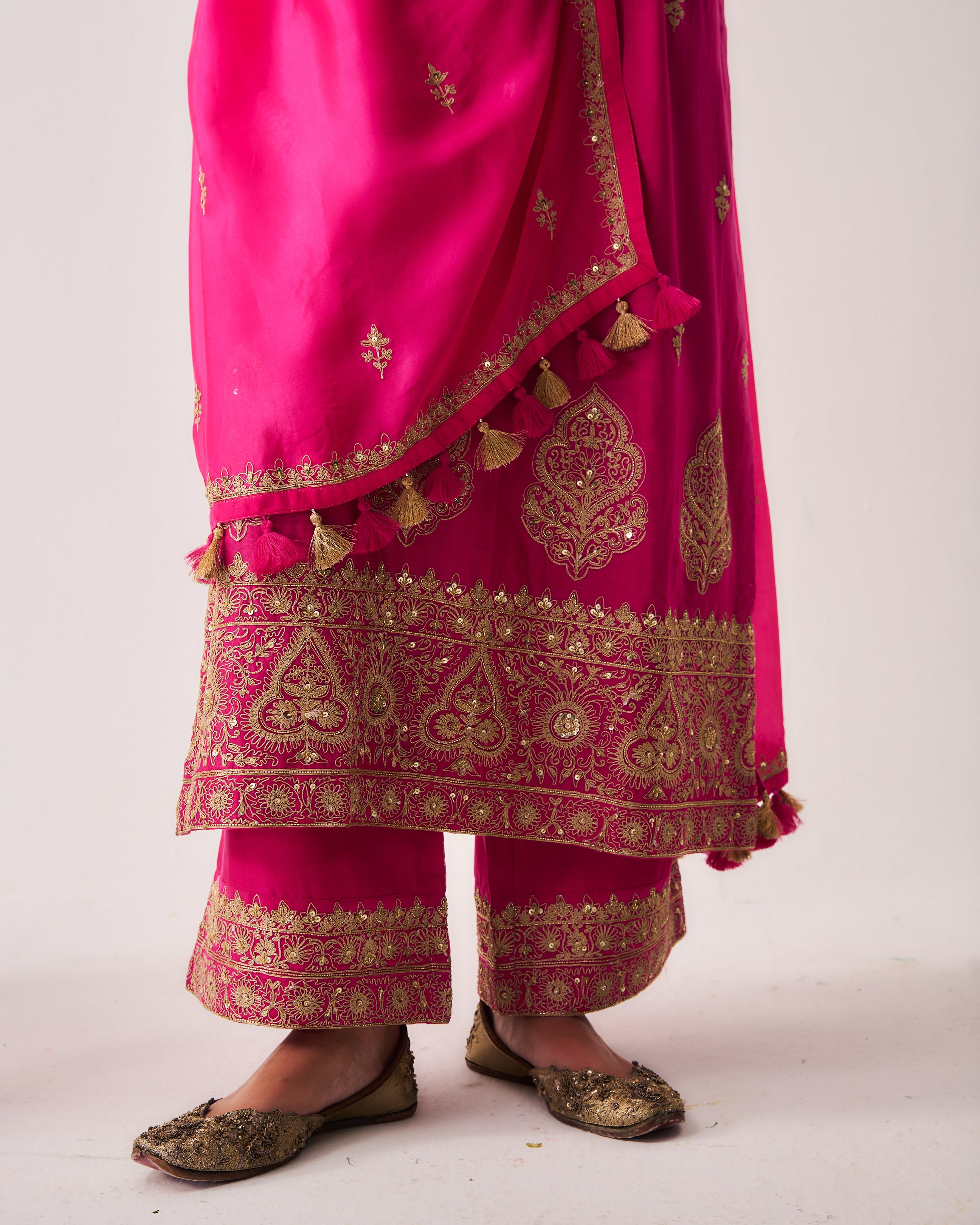 Kurta with Flare Pants and Dupatta / Chanderi / Fuchsia / Phool Booti / Dori/Hand Embroidery