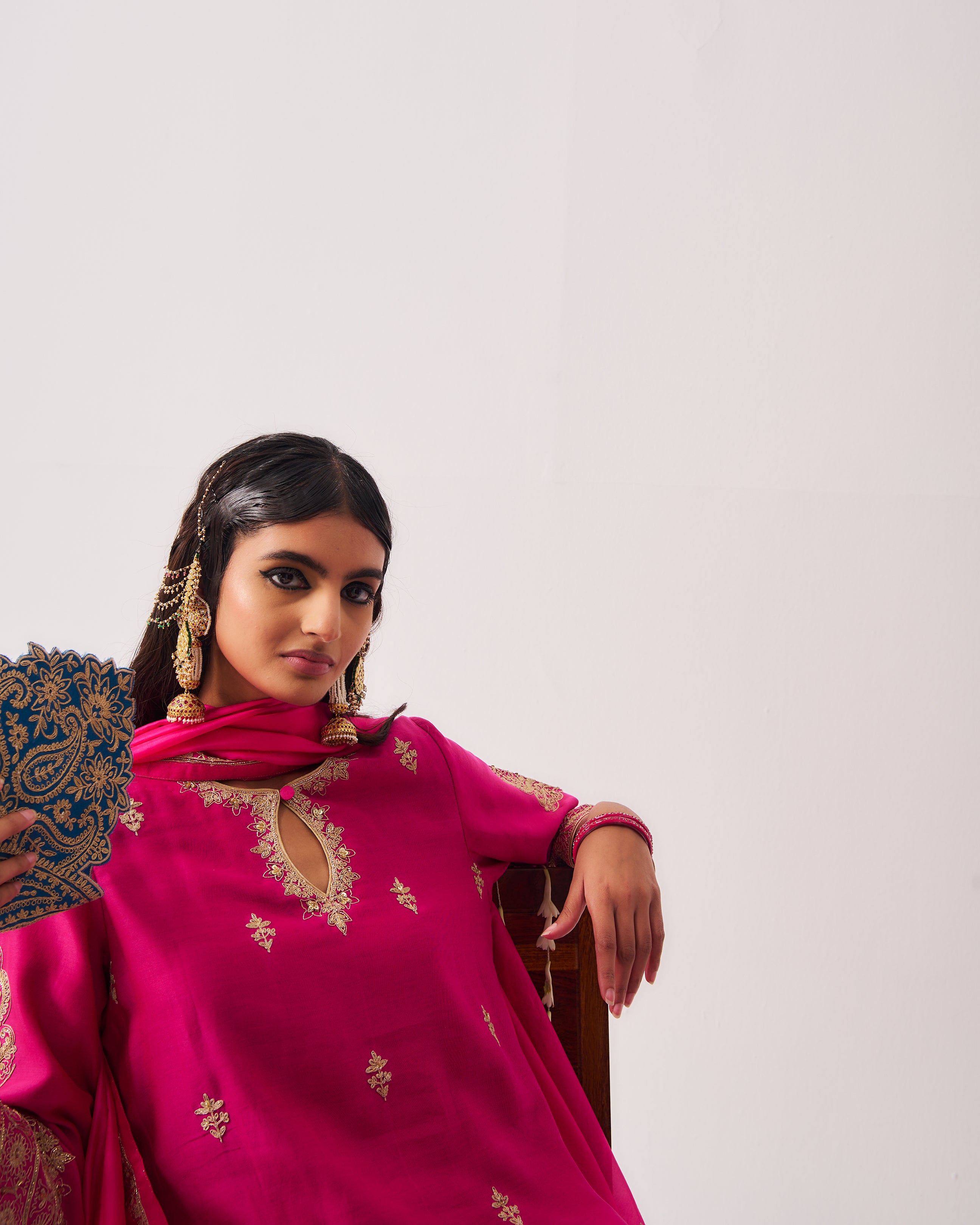 Kurta with Flare Pants and Dupatta / Chanderi / Fuchsia / Phool Booti / Dori/Hand Embroidery
