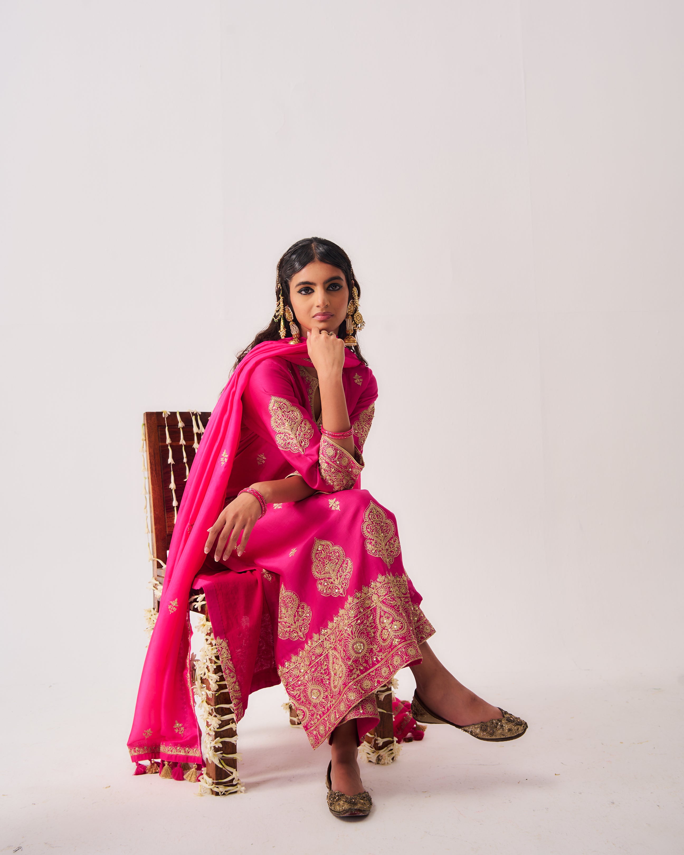 Kurta with Flare Pants and Dupatta / Chanderi / Fuchsia / Phool Booti / Dori/Hand Embroidery