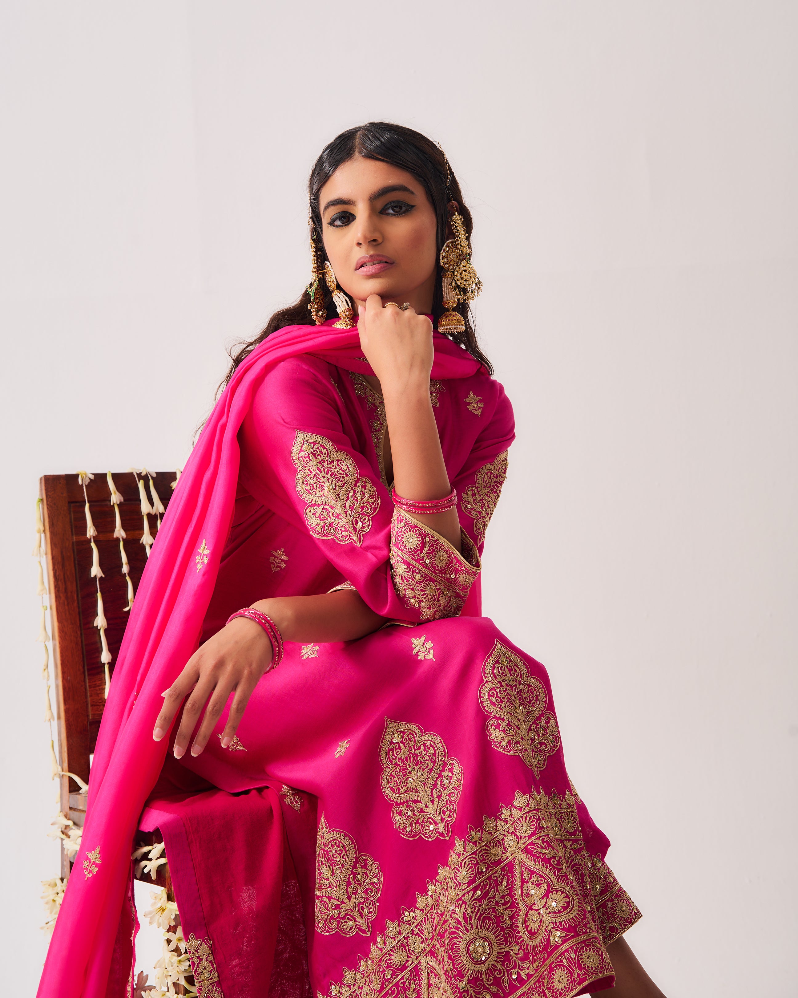 Kurta with Flare Pants and Dupatta / Chanderi / Fuchsia / Phool Booti / Dori/Hand Embroidery