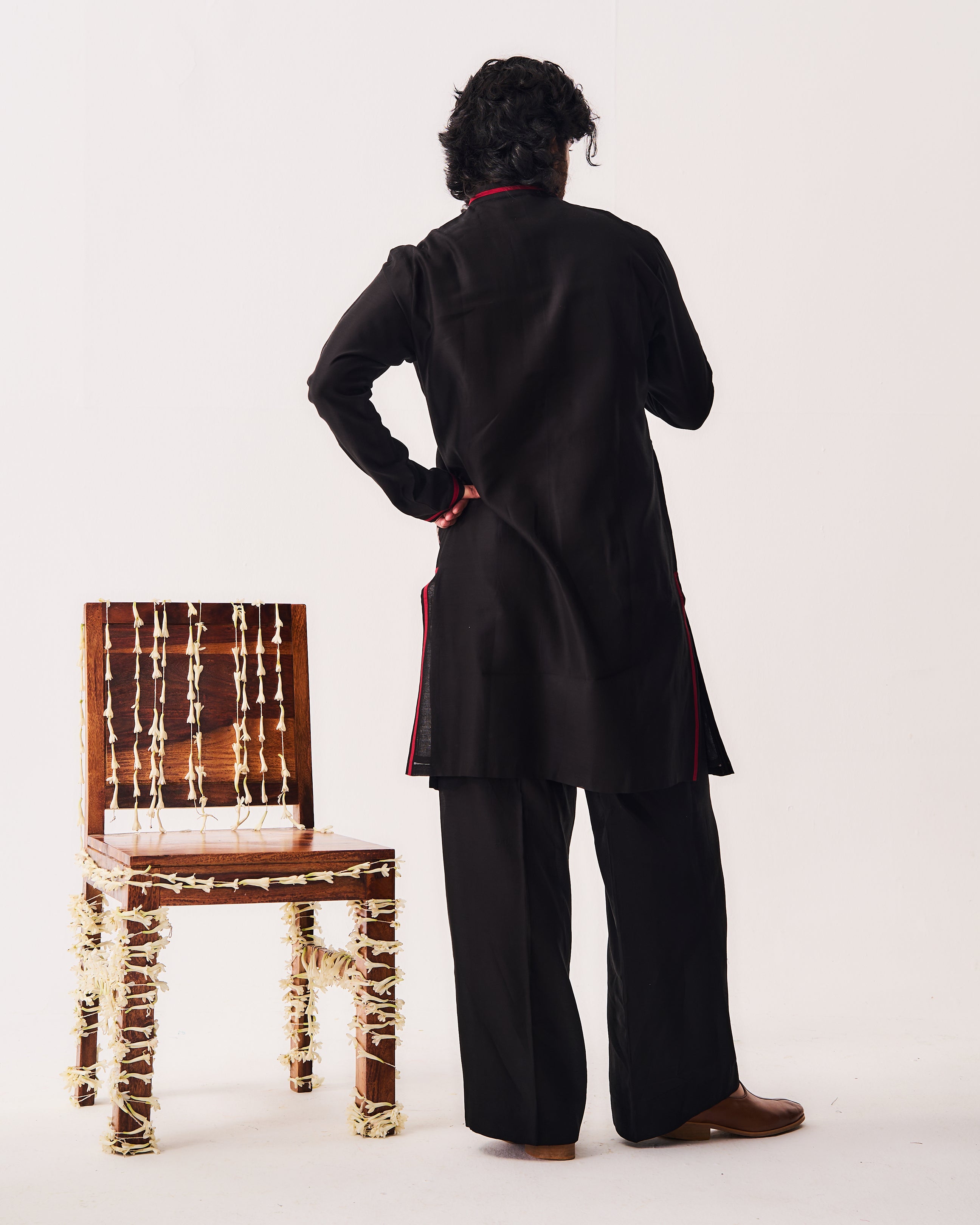 Kurta With Flare Pants / Chanderi / Black / Tiger’s Grove / Hand Paint