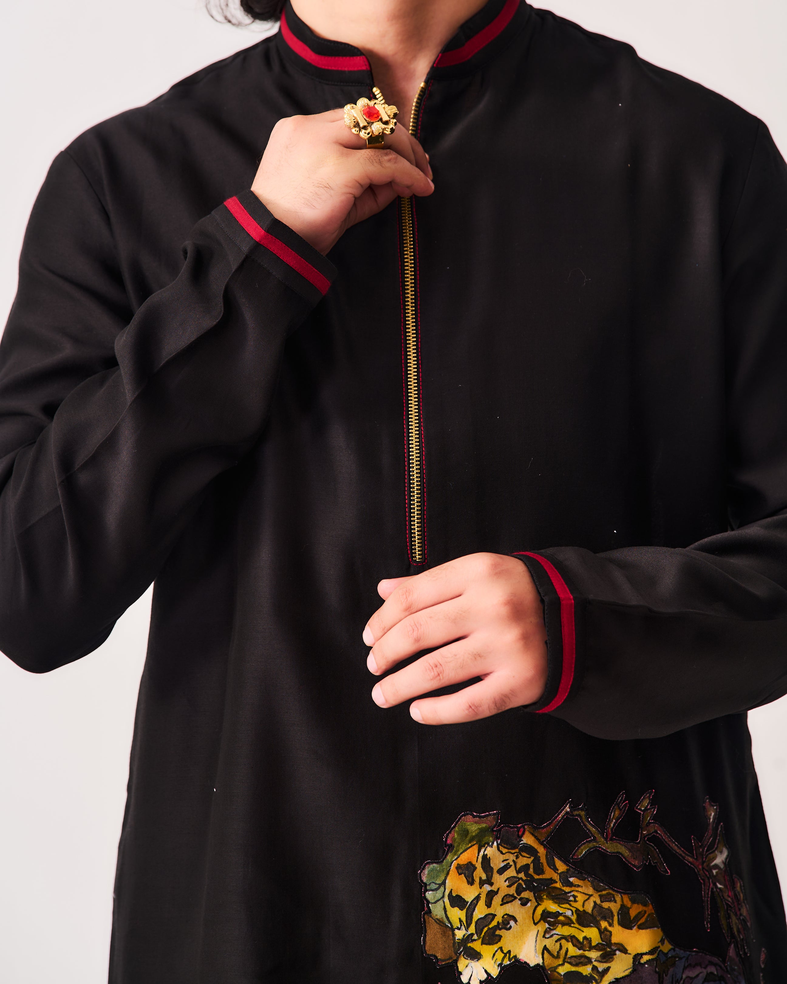 Kurta With Flare Pants / Chanderi / Black / Tiger’s Grove / Hand Paint