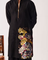 Kurta With Flare Pants / Chanderi / Black / Tiger’s Grove / Hand Paint