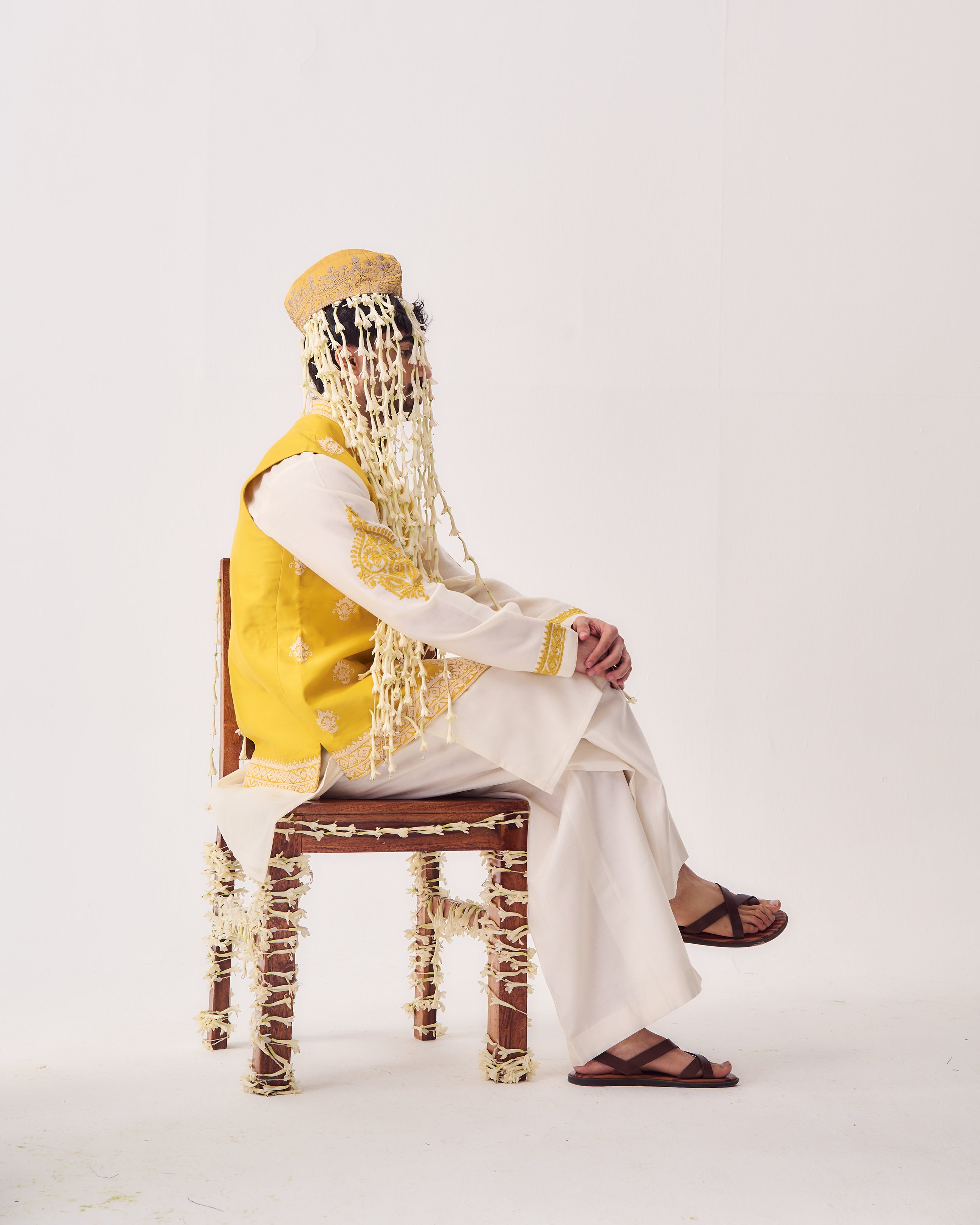 Kurta With Flare Pants and Bundi / Chanderi / Mustard Yellow / Marigold Court / Dori Embroidery