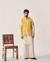Kurta With Flare Pants and Bundi / Chanderi / Mustard Yellow / Marigold Court / Dori Embroidery