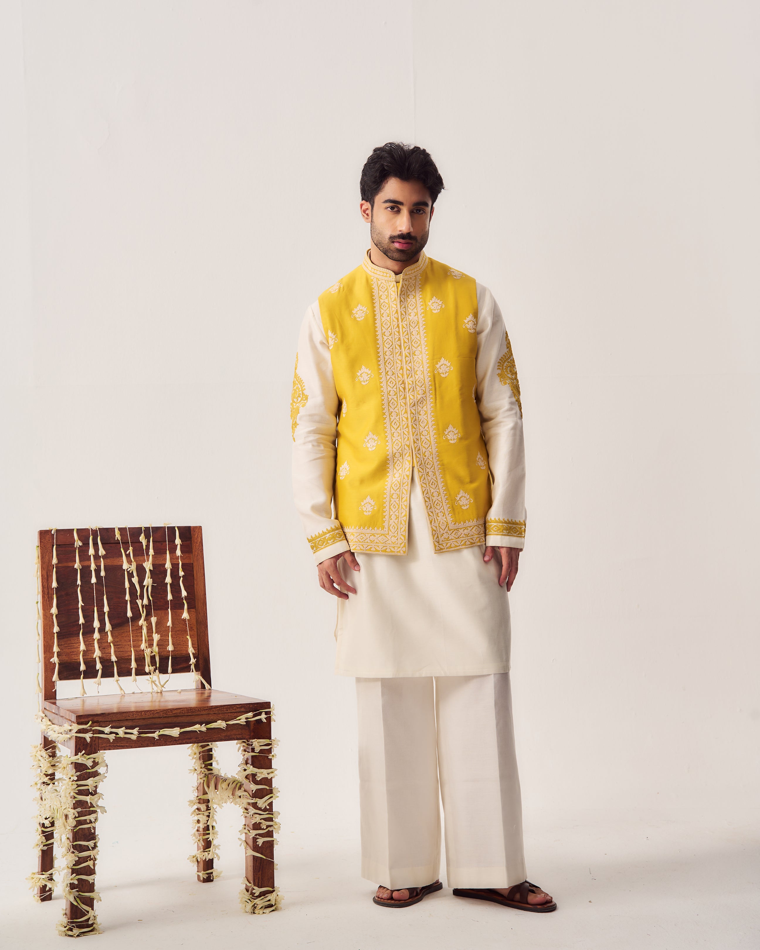 Kurta With Flare Pants and Bundi / Chanderi / Mustard Yellow / Marigold Court / Dori Embroidery