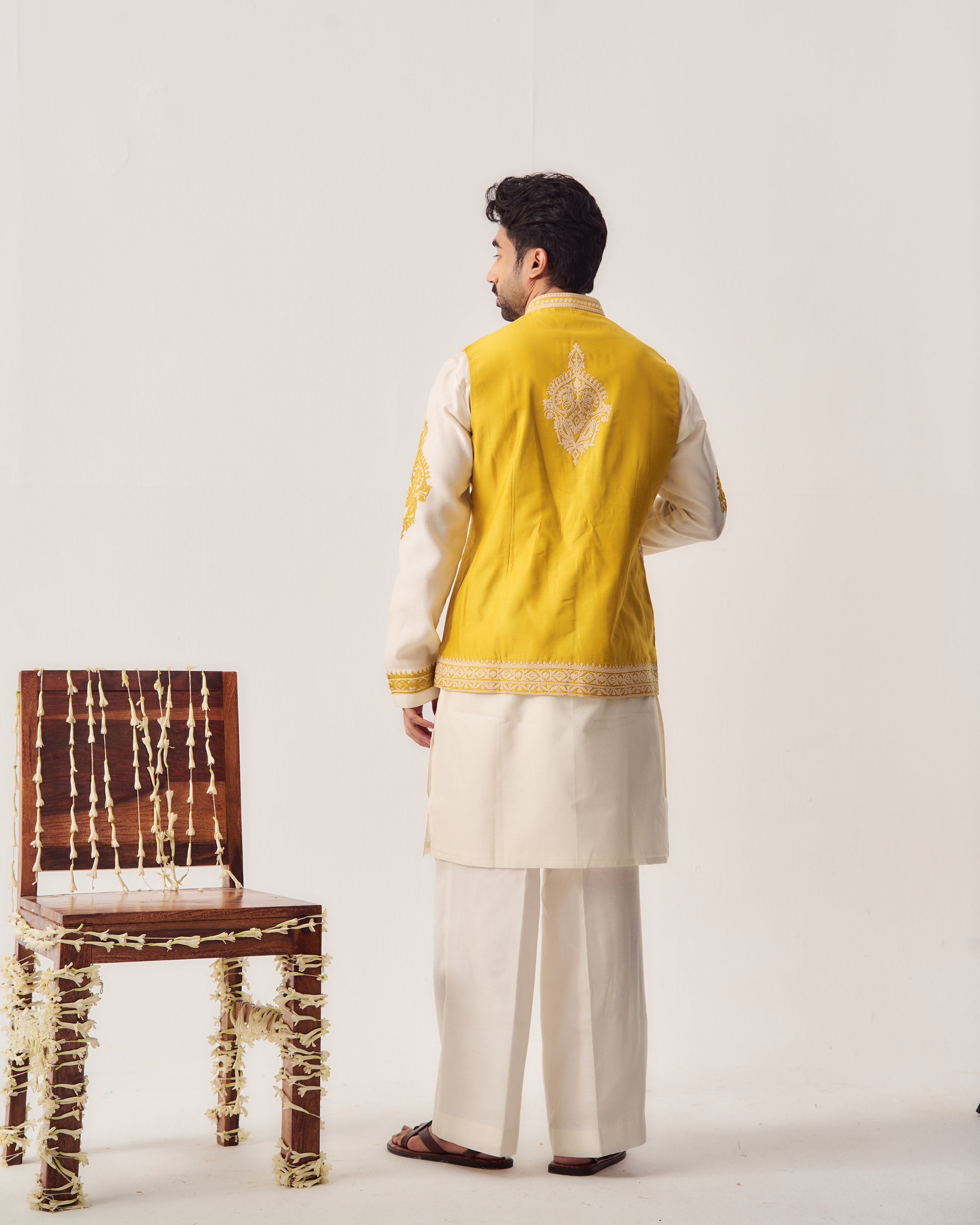 Kurta With Flare Pants and Bundi / Chanderi / Mustard Yellow / Marigold Court / Dori Embroidery