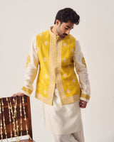 Kurta With Flare Pants and Bundi / Chanderi / Mustard Yellow / Marigold Court / Dori Embroidery
