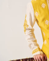 Kurta With Flare Pants and Bundi / Chanderi / Mustard Yellow / Marigold Court / Dori Embroidery