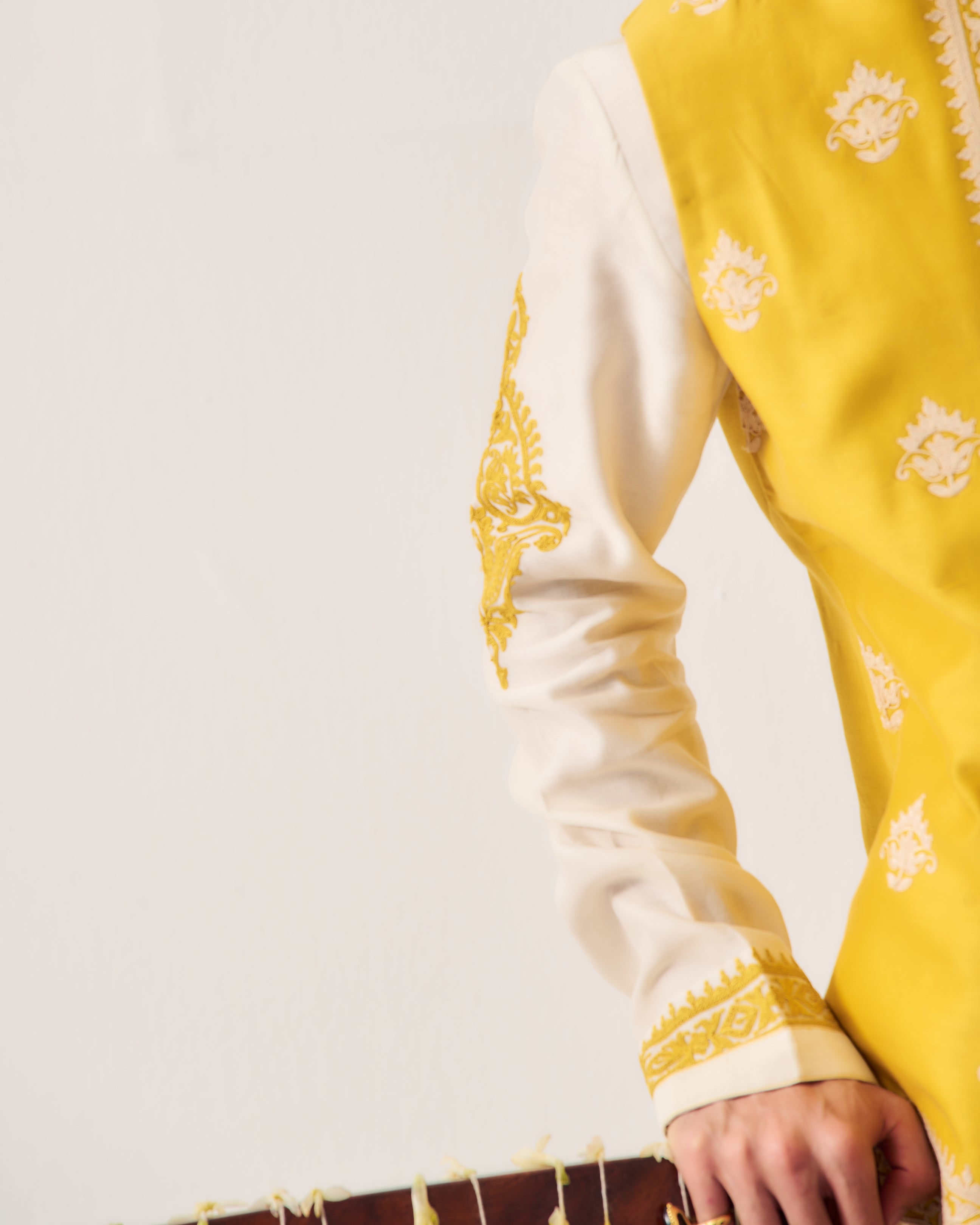 Kurta With Flare Pants and Bundi / Chanderi / Mustard Yellow / Marigold Court / Dori Embroidery