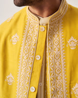 Kurta With Flare Pants and Bundi / Chanderi / Mustard Yellow / Marigold Court / Dori Embroidery