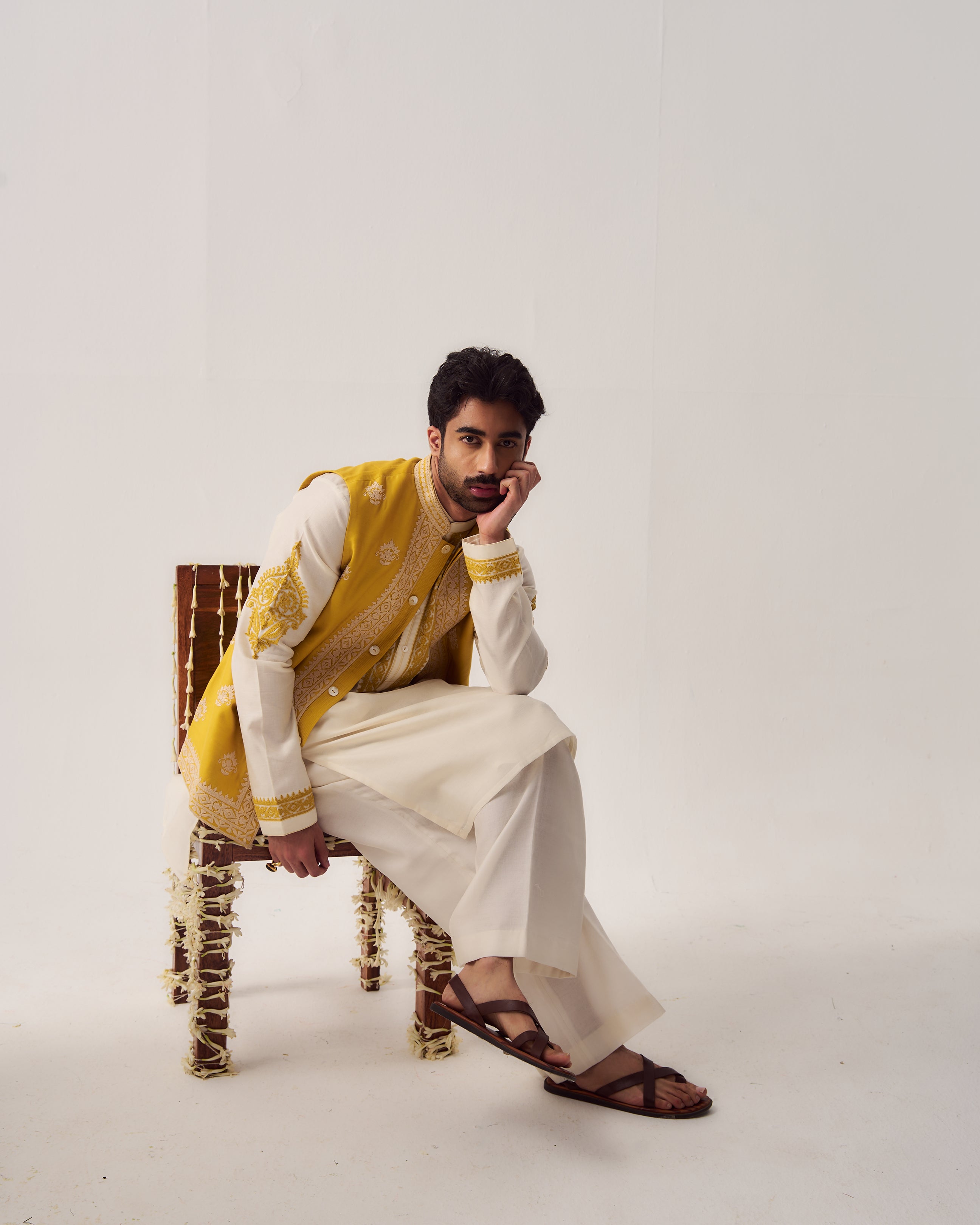 Kurta With Flare Pants and Bundi / Chanderi / Mustard Yellow / Marigold Court / Dori Embroidery