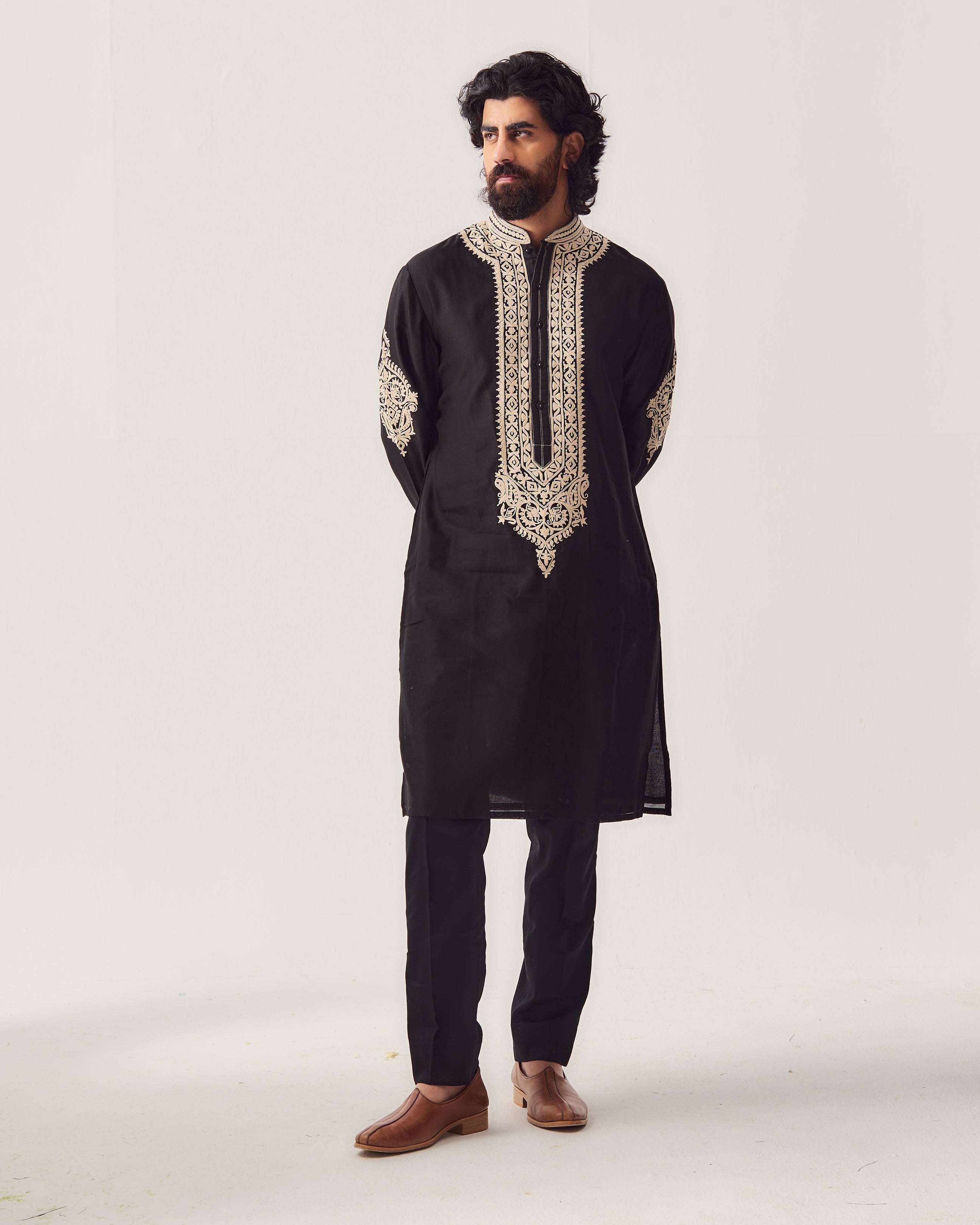 Kurta With Pants / Chanderi / Black / Royal Orchid / Dori Embroidery