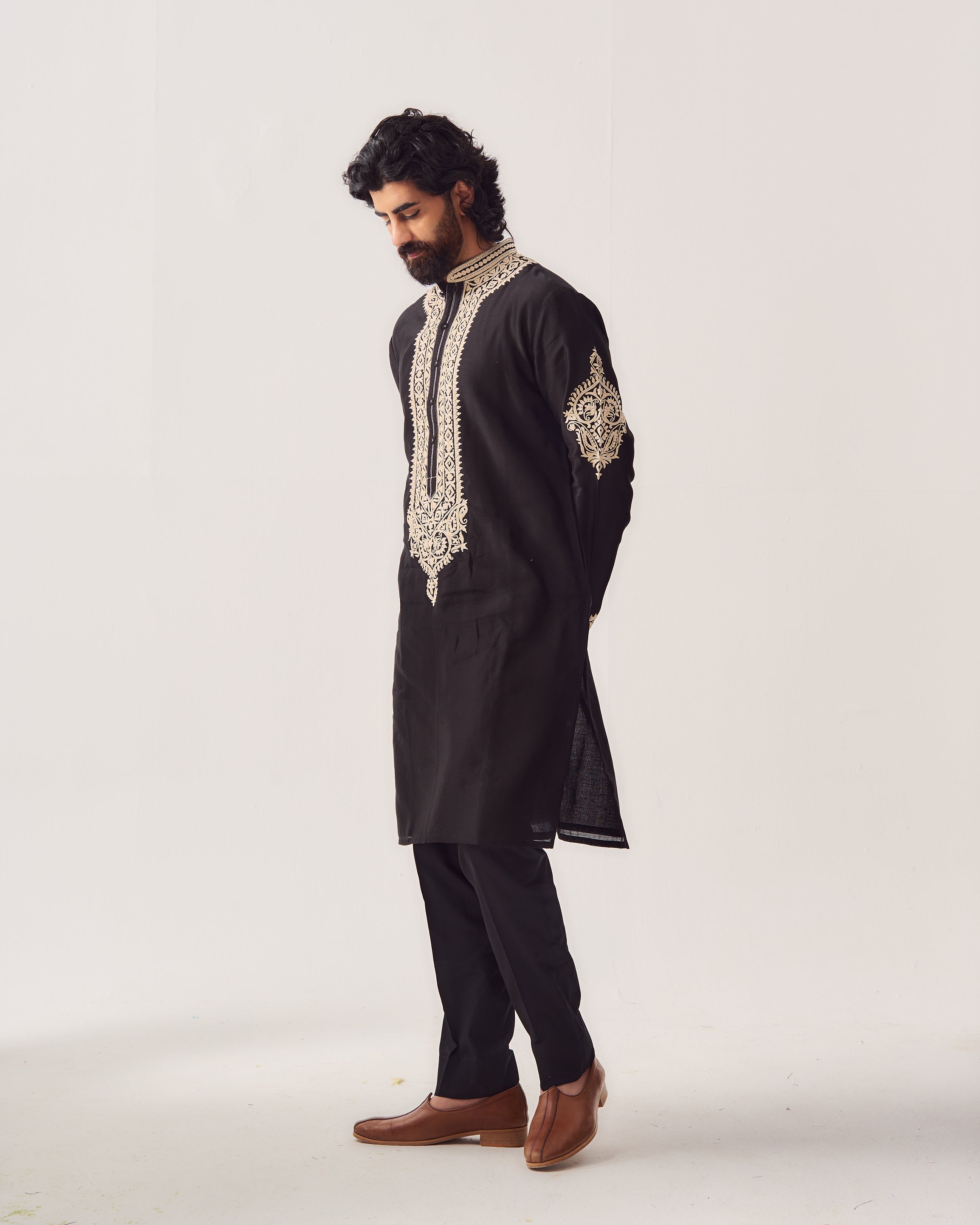 Kurta With Pants / Chanderi / Black / Royal Orchid / Dori Embroidery