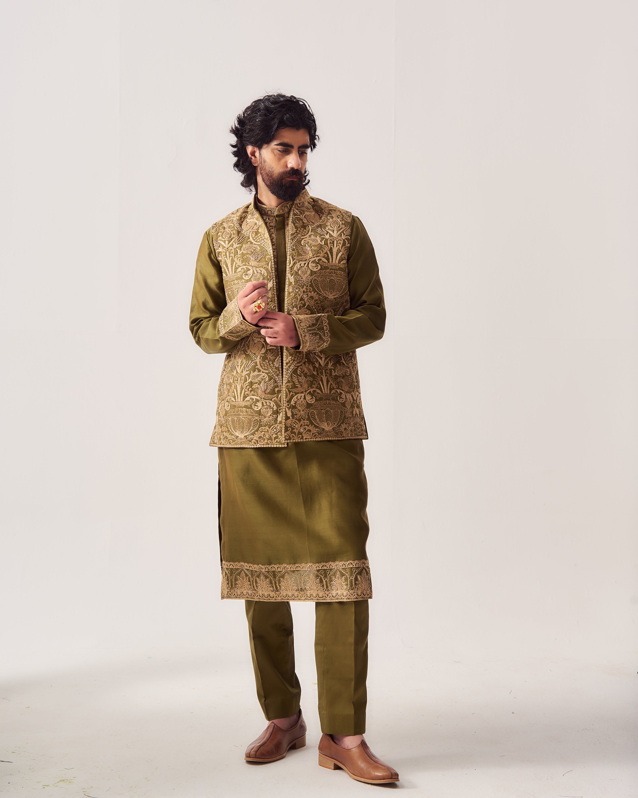 Kurta With Pants and Front Open Bundi / Chanderi / Dark Olive / Wild Crest / Resham/Hand Embroidery