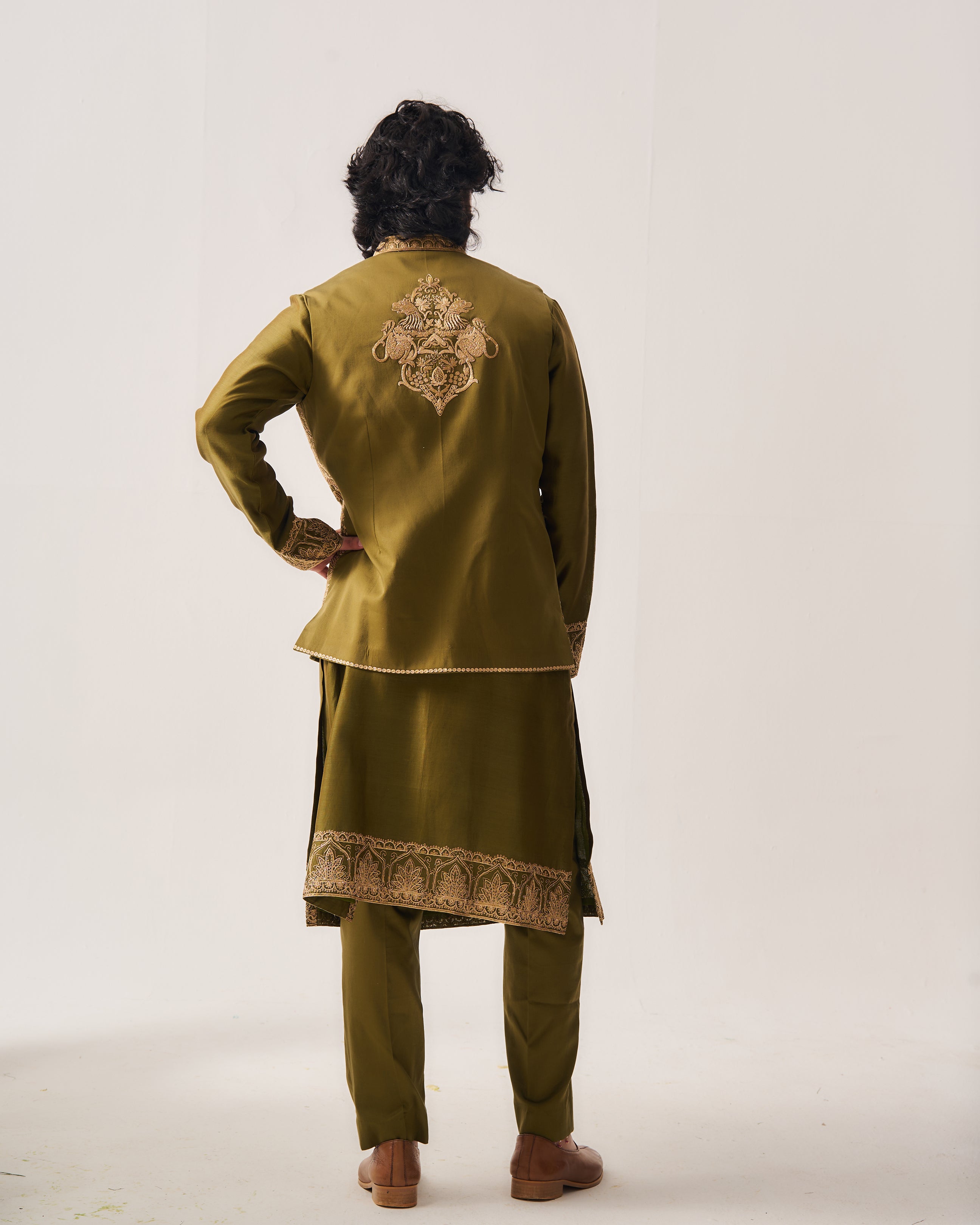 Kurta With Pants and Front Open Bundi / Chanderi / Dark Olive / Wild Crest / Resham/Hand Embroidery
